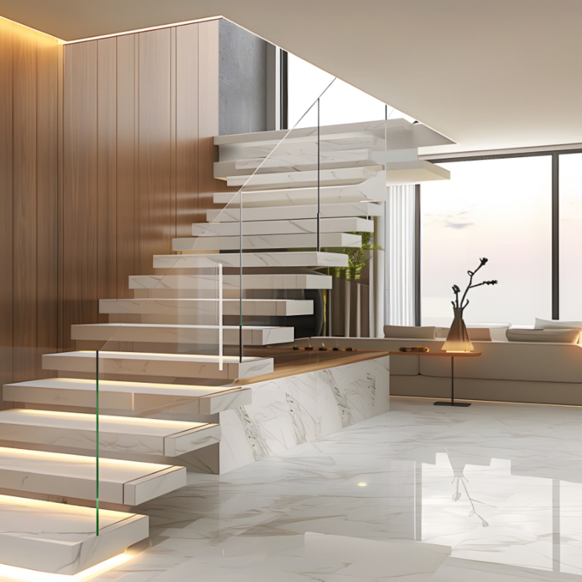 Living room with a floating staircase and wood wall